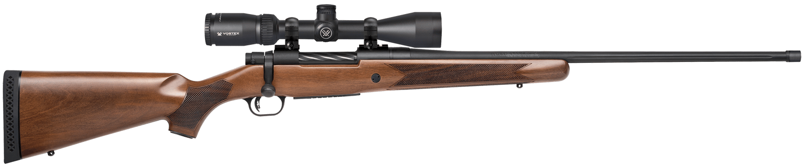 Mossberg 28240 Patriot w/Optic Full Size 7mm PRC 3+1 24" Matte Blued Fluted Threaded Barrel, Matte Blued Drilled & Tapped Receiver, Walnut Fixed Stock, Vortex Crossfire II 3-9x40mm Scope, Right Hand