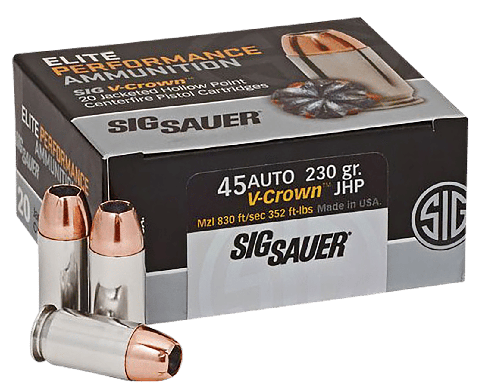 Sig Sauer E45AP220 Elite Performance  45ACP 230gr V-Crown Jacketed Hollow Point 20 Per Box/10 Case