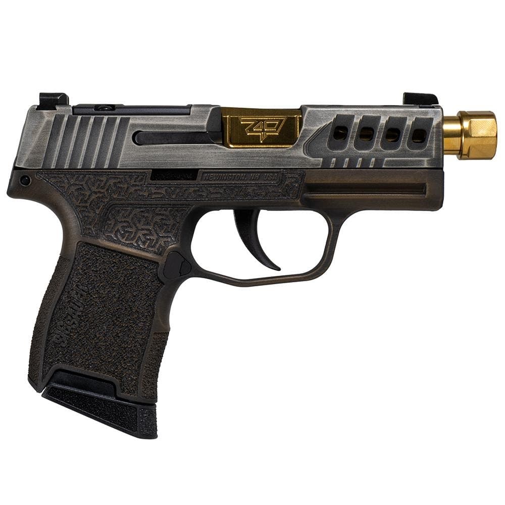 Sig Sauer P365 "Gold Bug" Handgun 9mm luger 10rd Magazines(2) 3.7" Threaded Gold Barrel Tactical Cut Distressed Grey Slide/Brown Grip Octagon Stippling