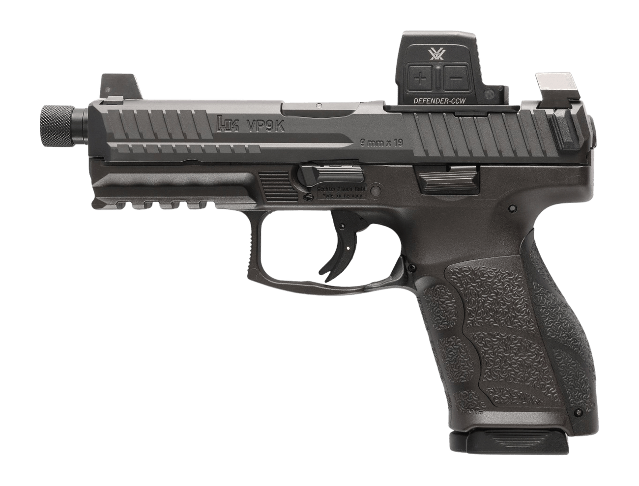 HK 81001367 VP9A1 K Tactical w/Optic 9mm Luger 15+1 4.70" Black Threaded Barrel, Black Steel Serrated w/Optic Slide, Black Polymer Frame w/Picatinny Rail, Textured Grip, Vortex CCW