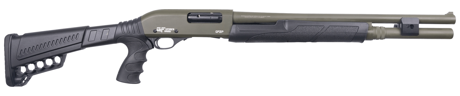 Gforce Arms GF2P12 GF2P  12 Gauge Pump 3" Chamber 7+1 20" Fixed Cylinder Bore, OD Green Barrel/Rec, Black Furniture, 5rd Shell Carrier Stock, Rubber Pistol Grip, Blade Sight, 3rd Shell Holder on Rec