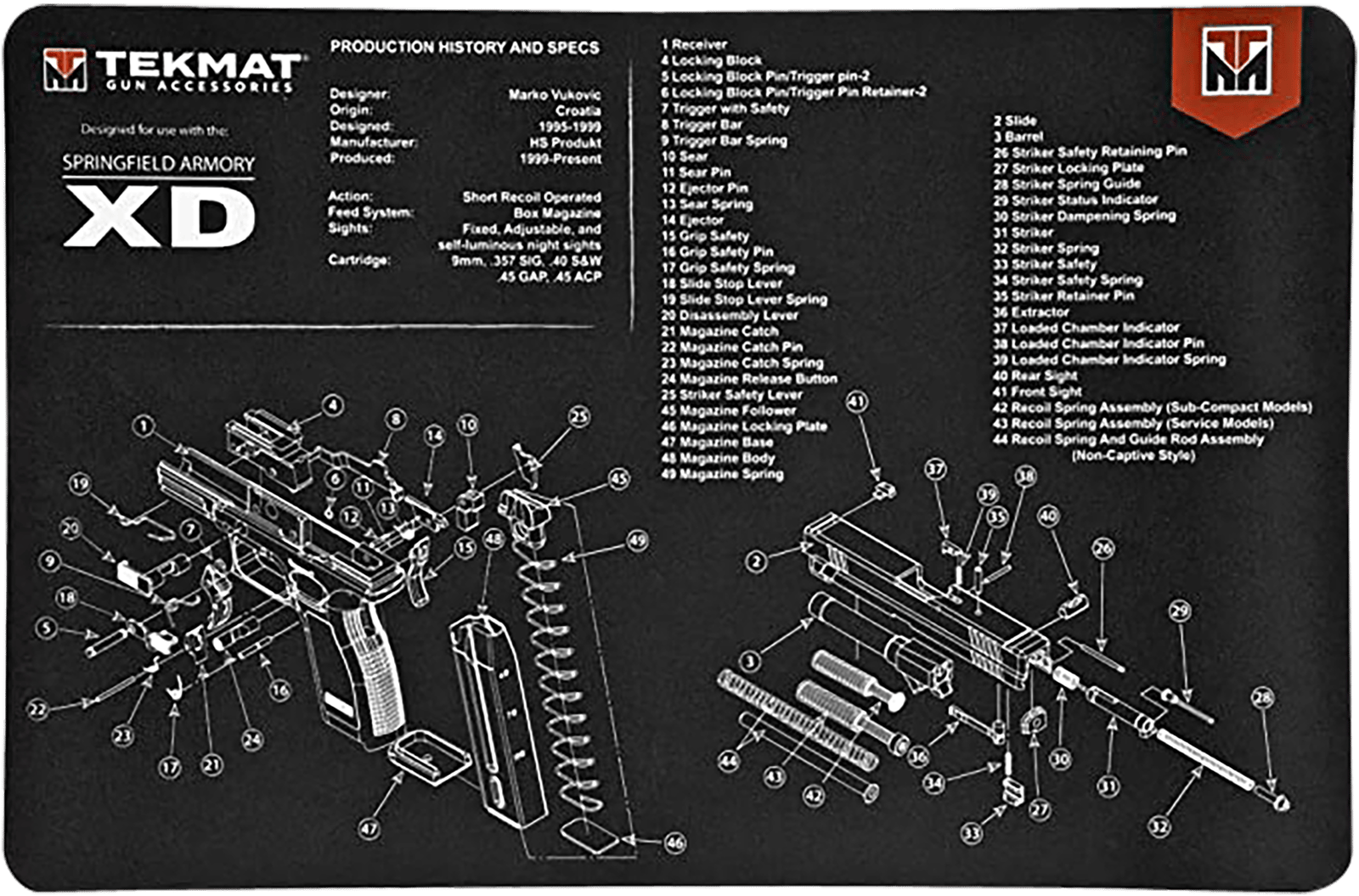 TekMat TEKR17XD Springfield Armory XD Cleaning Mat Black/White Rubber 11"x17" Springfield Armory XD Parts Diagram