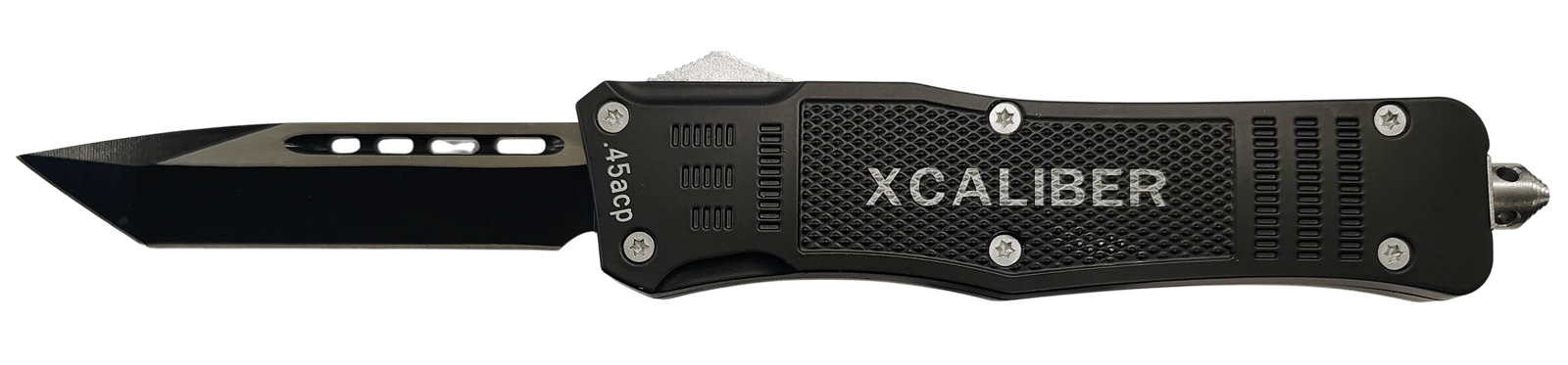 Xcaliber Knife Company  45 ACP  Large 3.80" OTF Tanto Plain Black 440C SS Blade, 5.30" Steel Handle