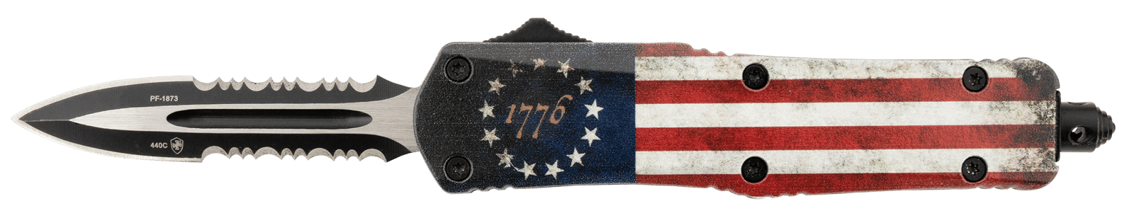 Templar Knife SBRF431 Gen II Betsy Ross Flag Small 2.75" OTF Dagger Part Serrated 440C SS Blade, 4.25" Betsy Ross Flag Aluminum Handle, Glass Breaker