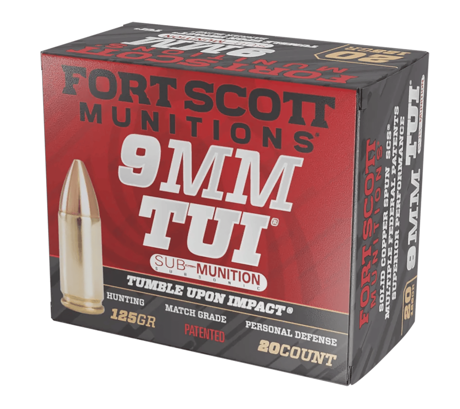 Fort Scott Munitions 9MM125SCVSS Tumble Upon Impact (TUI)  9mmLuger Subsonic 125gr Solid Copper Spun 20 Per Box/25 Case