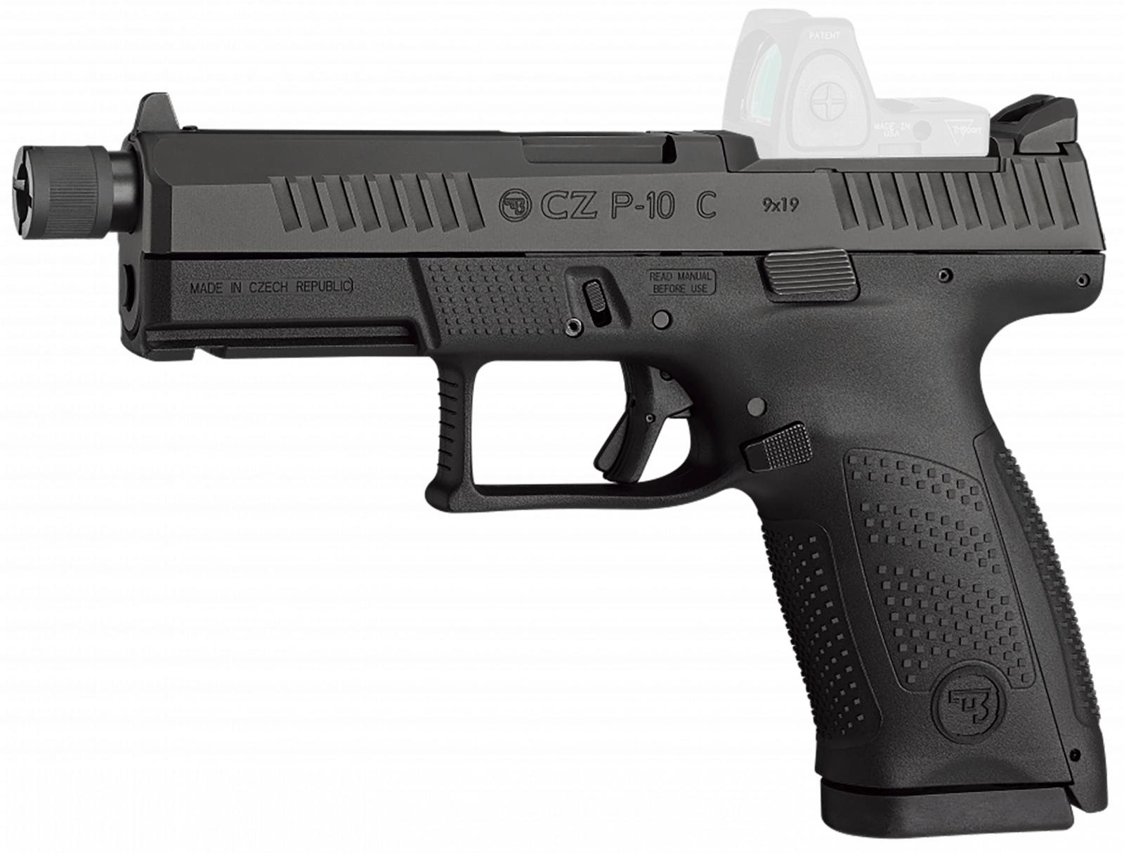CZ-USA 91513 P-10 C  Compact 9mm Luger 17+1 4.02" Black Threaded Barrel, Black Nitride Optic Ready/Serrated Steel Slide, Black Polymer Frame w/Picatinny Rail, Interchangeable Backstrap Grip