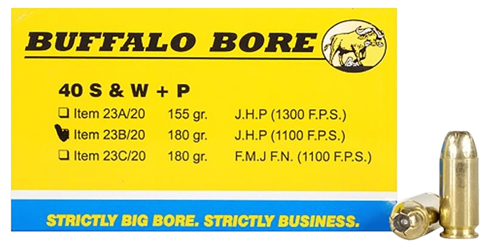 Buffalo Bore Ammunition 23B20 Heavy Strictly Business 40S&W +P 180gr Jacket Hollow Point 20 Per Box/12 Case