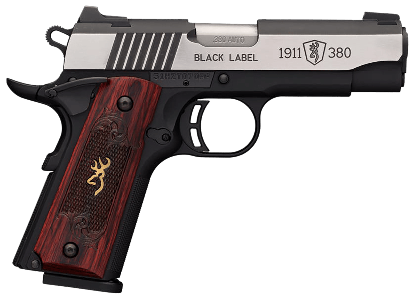Browning 051913492 1911-380 Black Label Medallion Pro Compact 380 ACP 8+1, 3.63" Target Crown Steel Barrel, Blackened w/Silver Polished Flats Serrated SS Slide, Matte Black Polymer Frame w/Beavertail