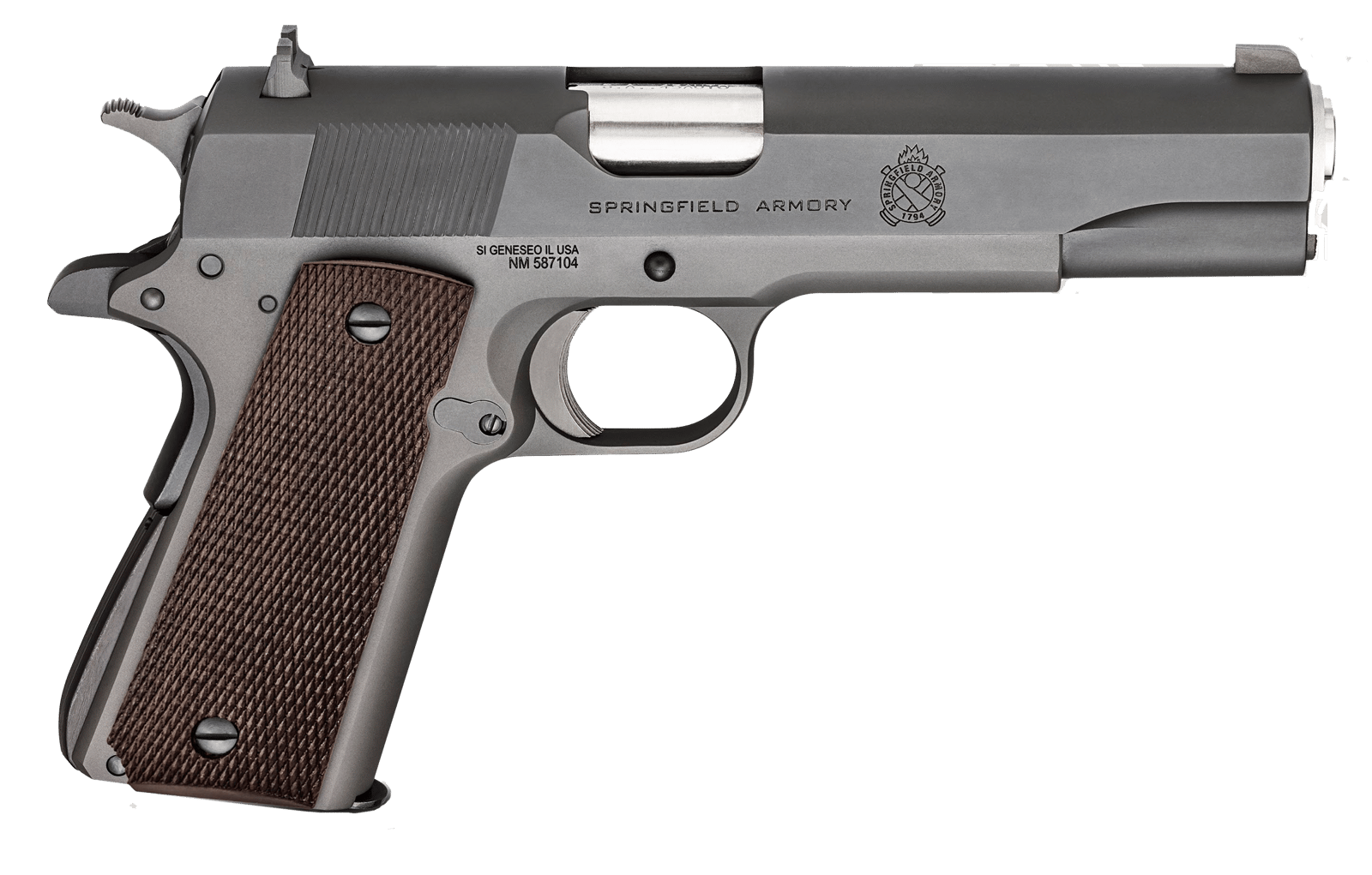Springfield Armory PBD9108L 1911 Mil-Spec Defender Legacy 45 ACP 7+1 5" Satin Stainless Match Grade Barrel, Black Parkerized Serrated Carbon Steel Slide & Frame w/Beavertail, Checkered Wood Grip