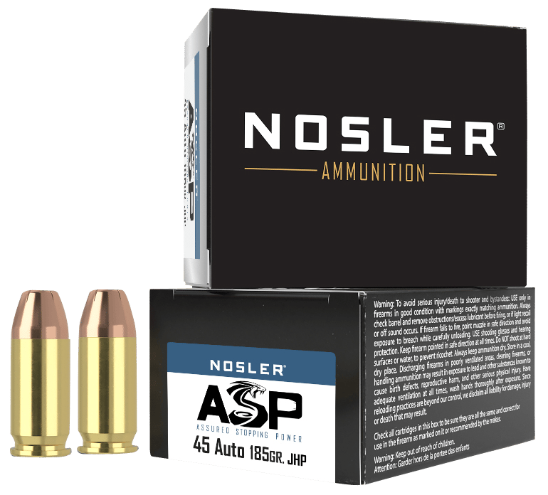 Nosler 51278 Assured Stopping Power Handgun 45ACP 185gr Jacketed Hollow Point 20 Per Box/20 Case