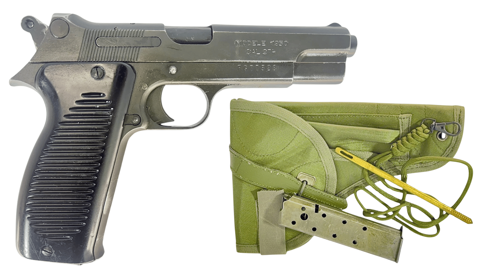 NAVY ARMS MAC 50 PISTOLS SURPLUS 9MM PISTOL W/ HLSTER, CLEANING KIT, LANYARD, ORIGINAL FRENCH MANUAL