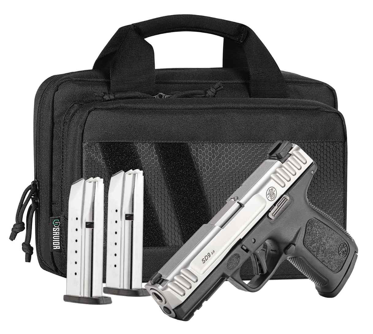 Smith & Wesson 14954 SD9 2.0 Bundle Compact Frame 9mm Luger 16+1 4" Satin Stainless Steel Serrated Slide, Black Polymer Frame w/Picatinny Rail, Textured Grip, Savior Bag, Three Mags