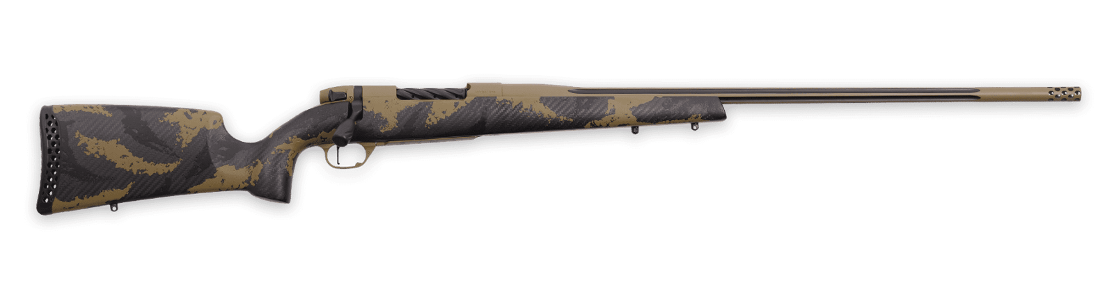 Weatherby MAX01N300PR8B Mark V Apex 300 PRC 3+1 26" Graphite Black & Tan Cerakote Fluted Threaded Barrel, Tan Cerakote Steel Drilled & Tapped Receiver, Carbon Fiber w/Brown & Tan Sponge Accents Fixed