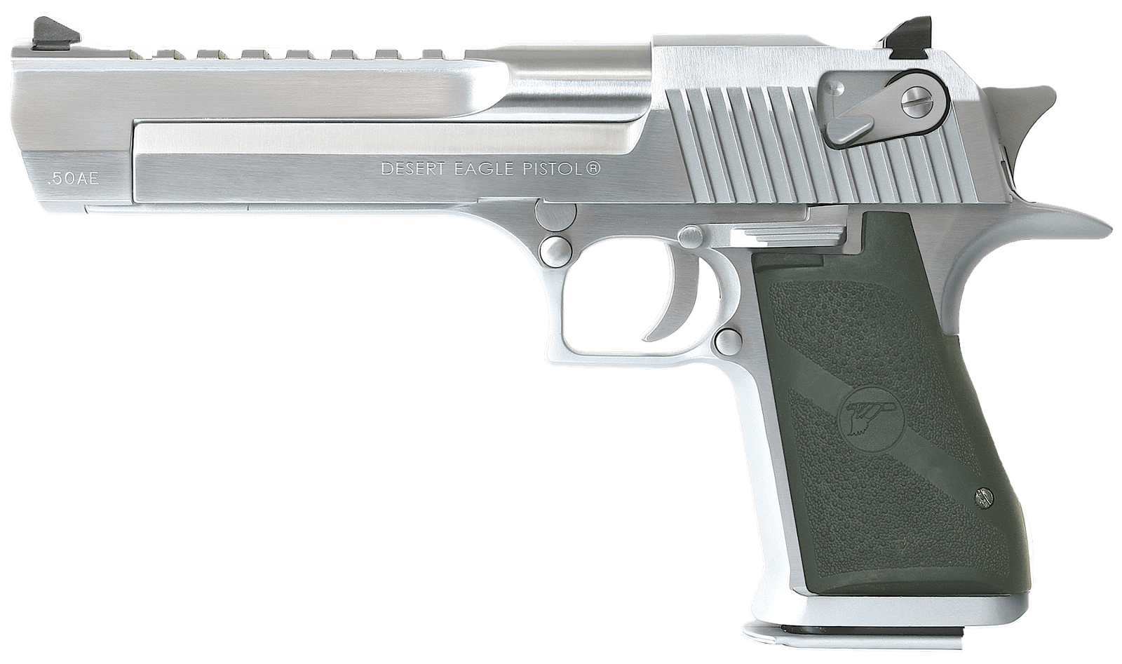 Magnum Research DE50BC Desert Eagle Mark XIX 50 AE Caliber with 6" Picatinny Rail Barrel, 7+1 Capacity, Overall Brushed Chrome Finish Carbon Steel, Beavertail Frame, Serrated Slide & Black Rubber Grip