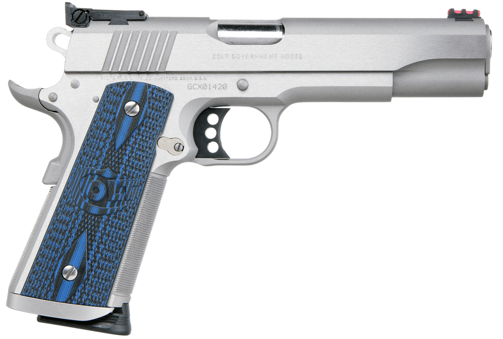 Colt Mfg O5072XE Gold Cup Trophy 9mm Luger 9+1 5" Steel Barrel,  Stainless Steel Serrated Slide & Frame w/Beavertail, Competition Blue G10 Grips, Ambidextrous