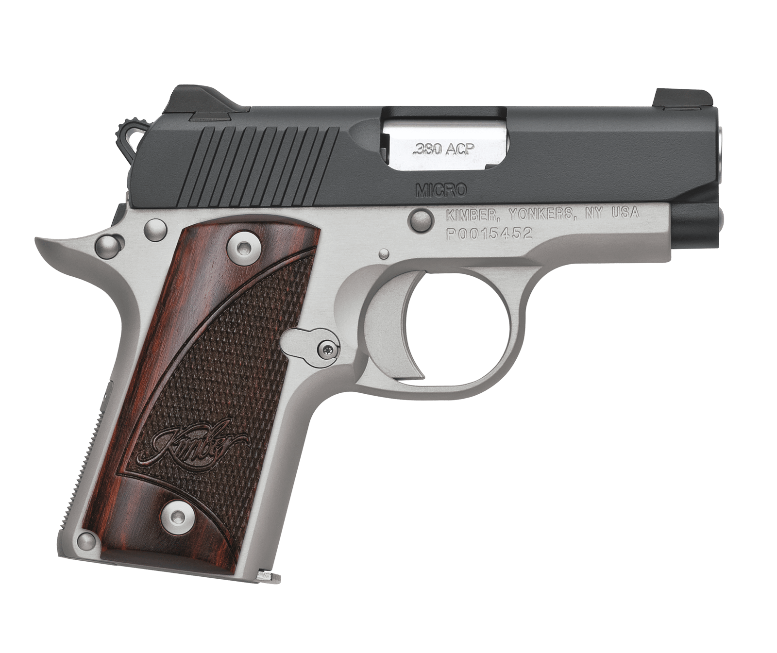 Kimber Mfg.,inc 3300206 Micro Two-Tone NS 380 ACP 7+1 2.75" Matte Black  Stainless Steel Slide Brush Polished Checkered Rosewood Grip