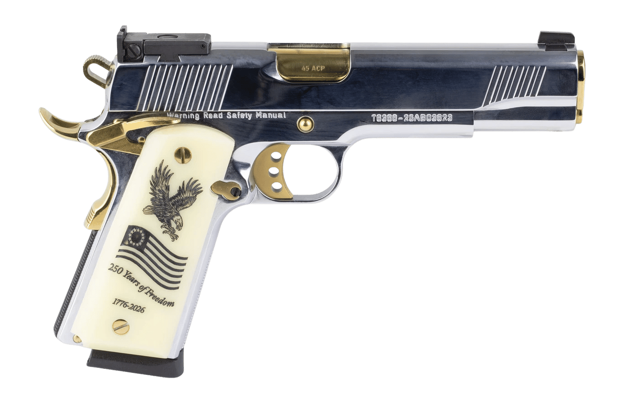Girsan 391096 MC1911 USA 250th 45 ACP 8+1 5" Polished Chrome Stainless Steel Serrated Slide & Frame w/Beavertail, Eagle w/Flag Grip