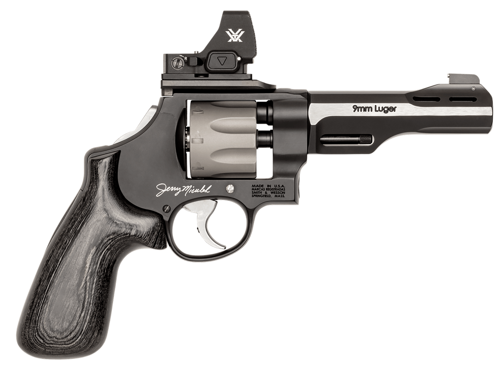 Smith & Wesson 14045 PC Model 327 w/Optic N-Frame 9mm Luger 8 Shot 5" Black/SS Ported Barrel, Black Scandium Alloy Frame, JM Signature Black Laminate Grip, Vortex CompDot, C.O.R.E Optic System