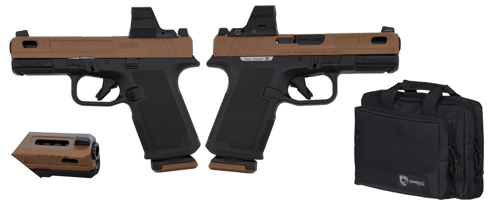 RUGER RXM 9MM PISTOL 4" TACPAC BLACK/TAN, OSIGHT OPTIC, DRAGO BAG, 2-15RD MAGS