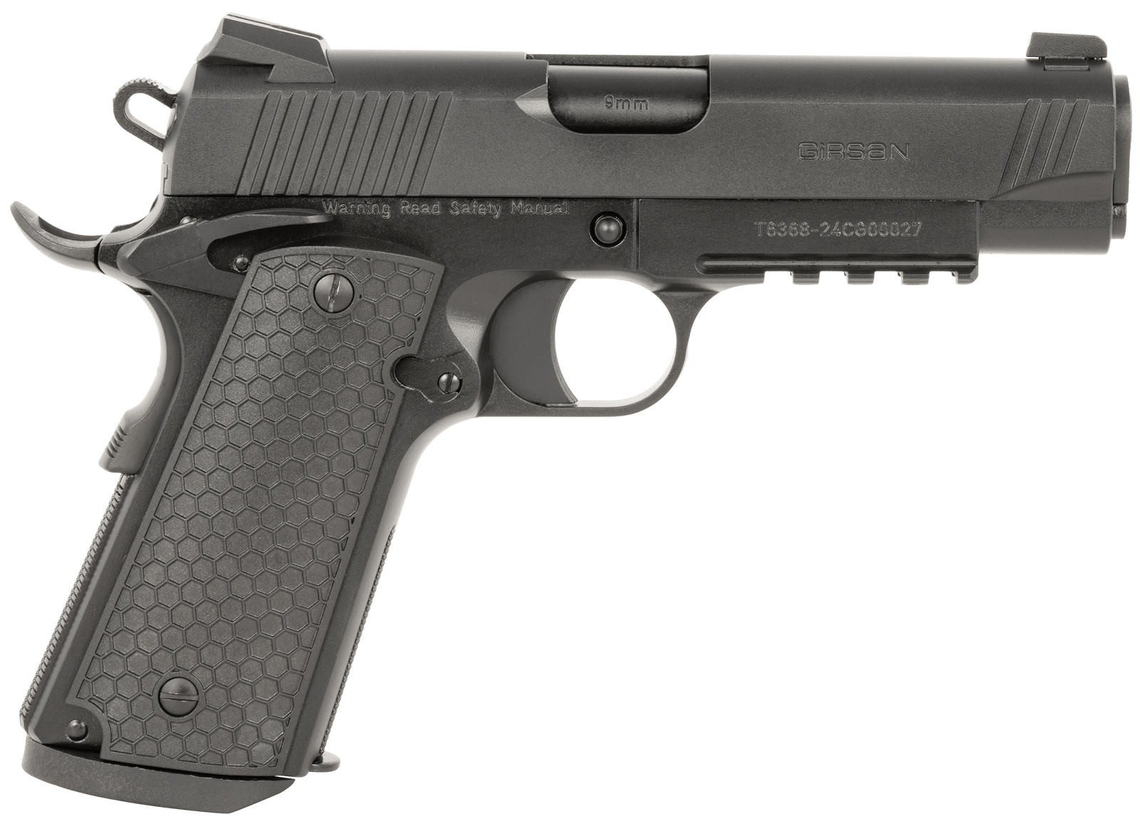 Girsan 392075 MC1911 C Untouchable Compact Frame 9mm Luger 9+1 4.40" Black Steel Barrel, Black Serrated Steel Slide & Frame w/Beavertail & Picatinny Rail, Black Polymer Grip