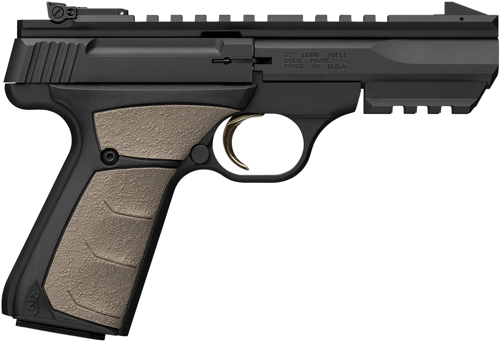 Browning 051601490 Buck Mark Black Label URX 22 LR 10+1 5.50" Matte Blued Contoured Barrel, Matte Black Serrated Slide, Matte Black Aluminum Frame w/Picatinny Rail, FDE UFX Overmolded Grip