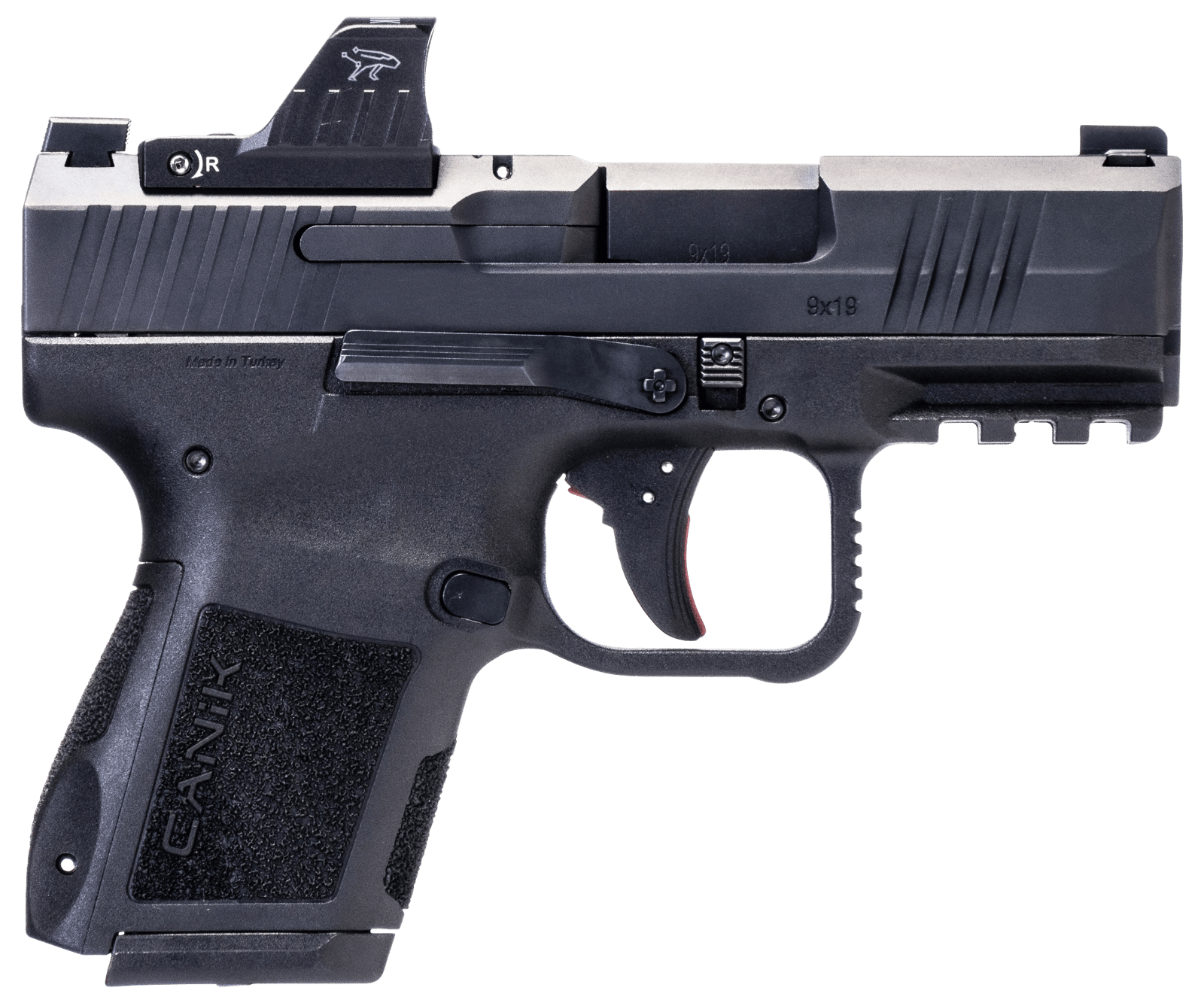 Canik HG7620VN Mete MC9 9mm Luger 15+1, 3.18" Black Steel Barrel, Black Tenifer Cerakote Optic Ready/Serrated Steel Slide, Black Polymer Frame w/Picatinny Rail, MeCanik M01 Red Dot