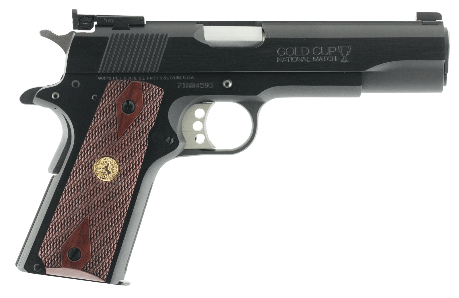 Colt Mfg O5870A1 Gold Cup Natonal Match 45 ACP 8+1 5" Stainless National Match Barrel, Blued Serrated Carbon Steel Slide & Frame w/Beavertail, Walnut w/Integrated Gold Medallion Grip, Ambidextrous
