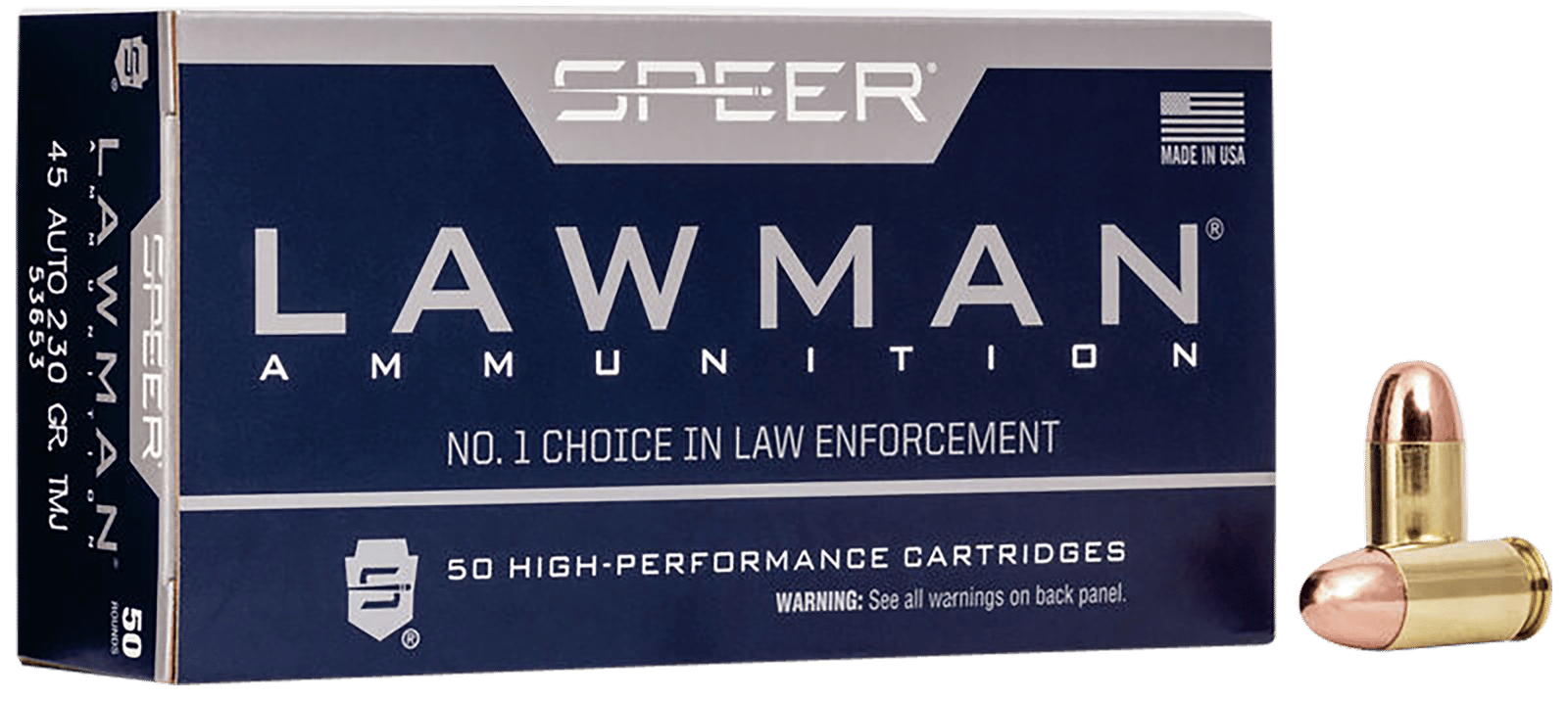 Speer 53653 Lawman  45ACP 230gr Total Metal Jacket Flat Nose 50 Per Box/20 Case