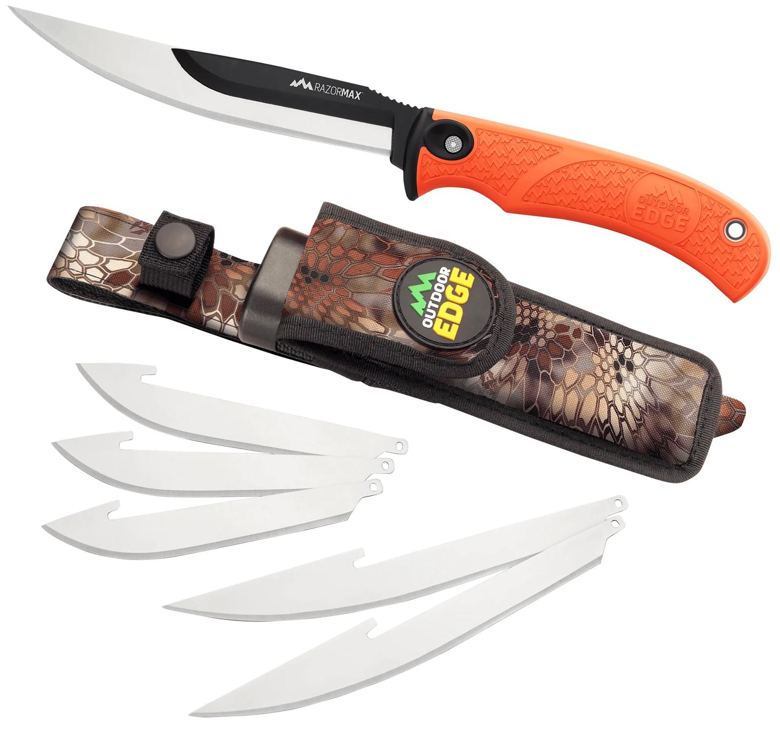Outdoor Edge RMB20C RazorMax  6 Blades, 3.50" Drop Point/5" Boning Fillet Folding Plain Satin/Black Oxide 420J2 SS Blades, Blaze Orange Textured TPR Handle