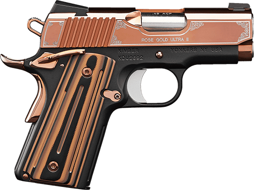 Kimber Mfg, Inc 3200372 Ultra II  9mm Luger 8+1 3" Stainless Match Grade Barrel, Engraved Rose Gold PVD Serrated Stainless Steel Slide, Kimpro II Black Aluminum Frame w/Beavertail, G10 Grip