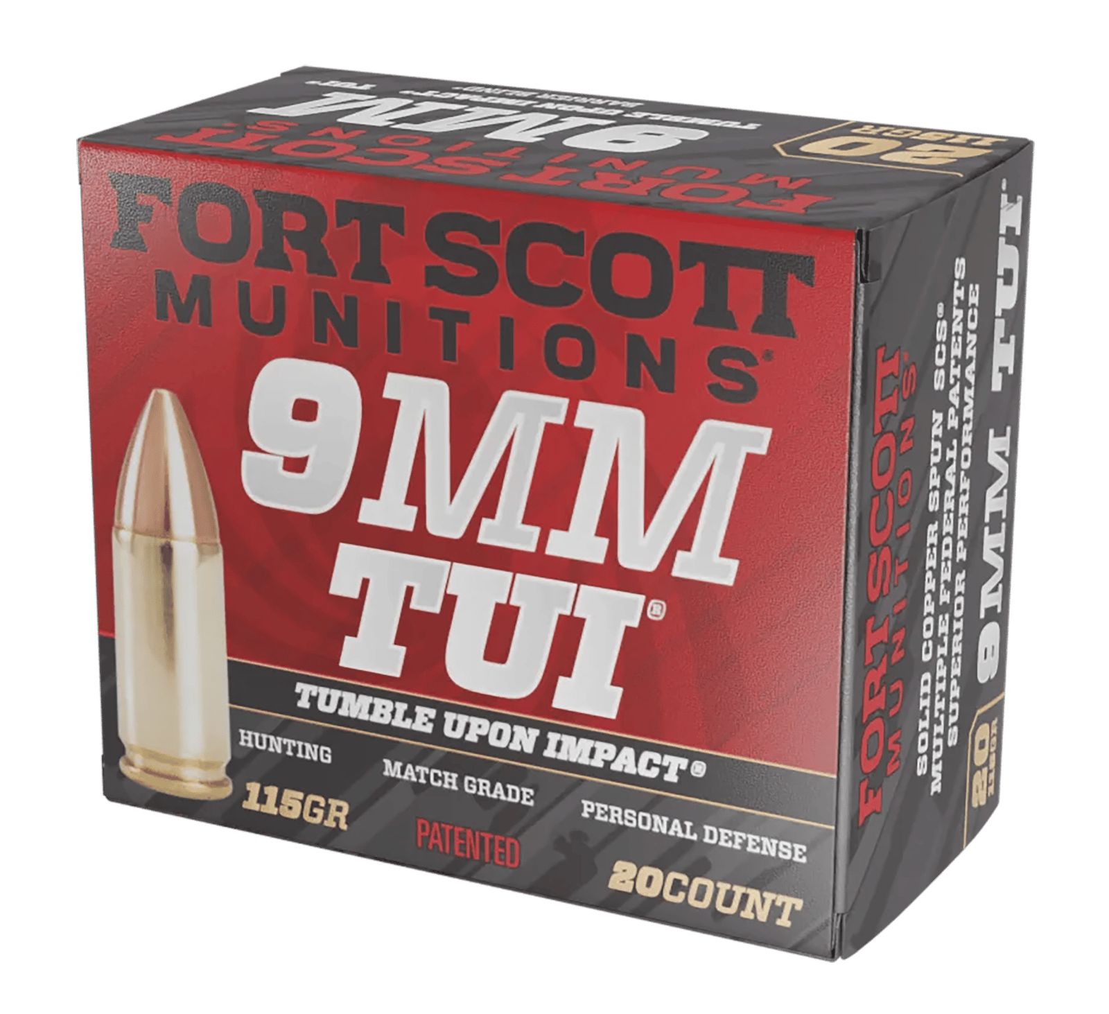 Fort Scott Munitions 9MM115SCV Tumble Upon Impact (TUI)  9mmLuger 115gr Solid Copper Spun 20 Per Box/25 Case