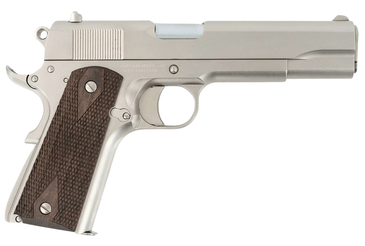 Tisas Arms 10100562 1911 A1 Stakeout 9mm Luger 38 Super 5" Stainless Steel Barrel, Nickel Carbon Steel Serrated Slide & Frame w/Beavertail, Walnut Grip