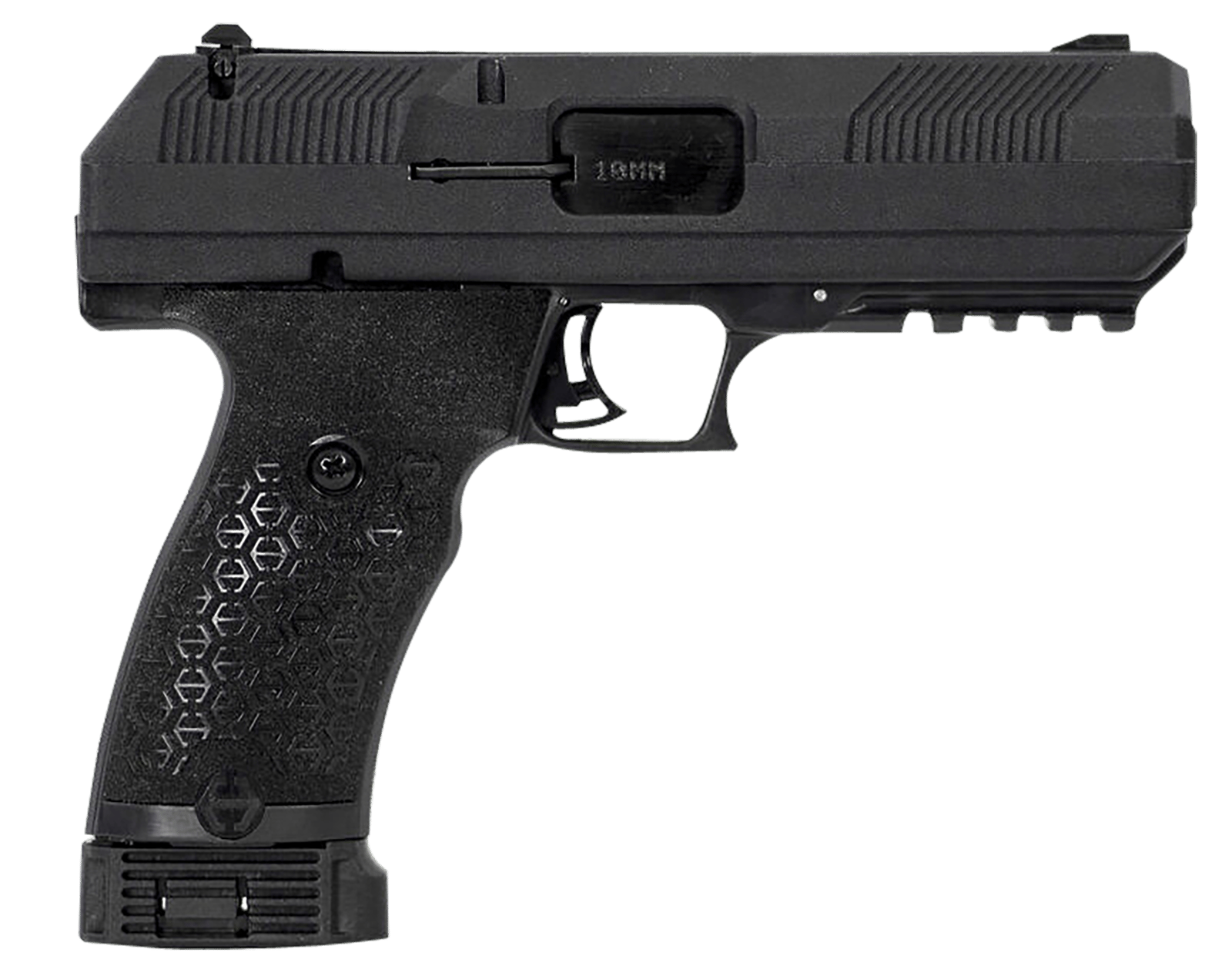 Hi-Point JXP10NTB JXP  10mm Auto 10+1 4.50" Black Steel Barrel, Black Powder Coated YC9 Styled/Serrated Steel Slide, Black Polymer Frame w/Picatinny Rail, Black Textured Polymer Grip
