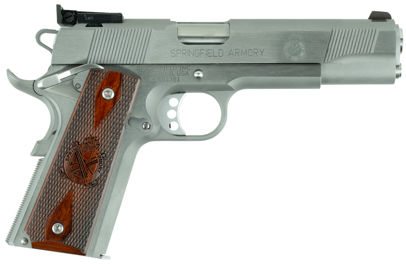 Springfield Armory PI9134LCA 1911 Loaded Target *CA Complaint 9mm Luger 9+1, 5" Stainless Match Grade  Barrel, Serrated Slide & Frame w/Beavertail, Crossed Cannon Cocobolo Grip
