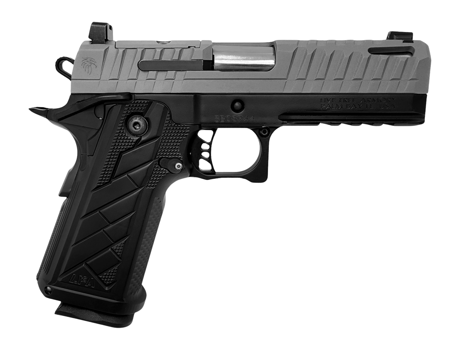 Live Free Armory HG8642-N Apollo 11 V2 Compact 9mm Luger 18+1 4.15" Stainless Barrel, Gray Cerakote Steel Optic Ready/Serrated Slide, Black Cerakote Steel Frame w/Beavertail & Picatinny Rail, Black Al