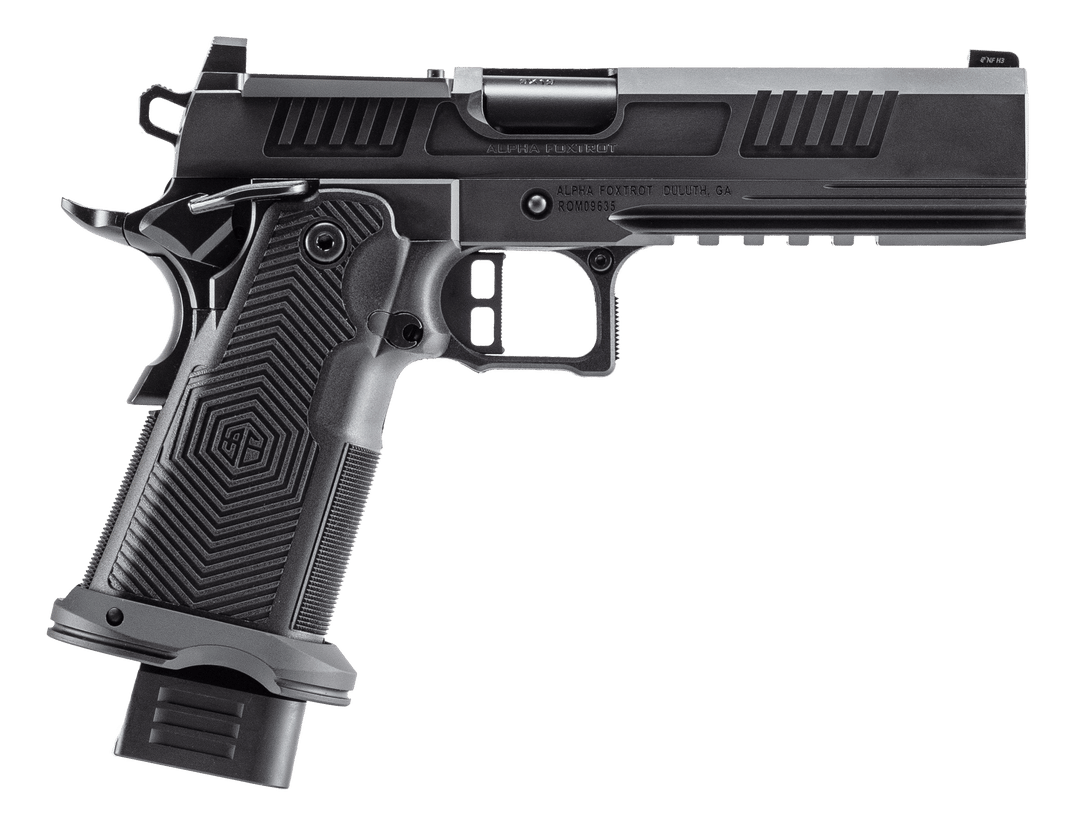 Alpha Foxtrot AA47X1EID-XDBK19 AF1911 Romulus 9mm Luger 20+1 17+1 5" Black DLC Stainless Steel Bull Barrel, Optic Ready/Serrated Slide & Frame w/Beavertail & Picatinny Rail, Aluminum Grip, RMSc/RMR Fo