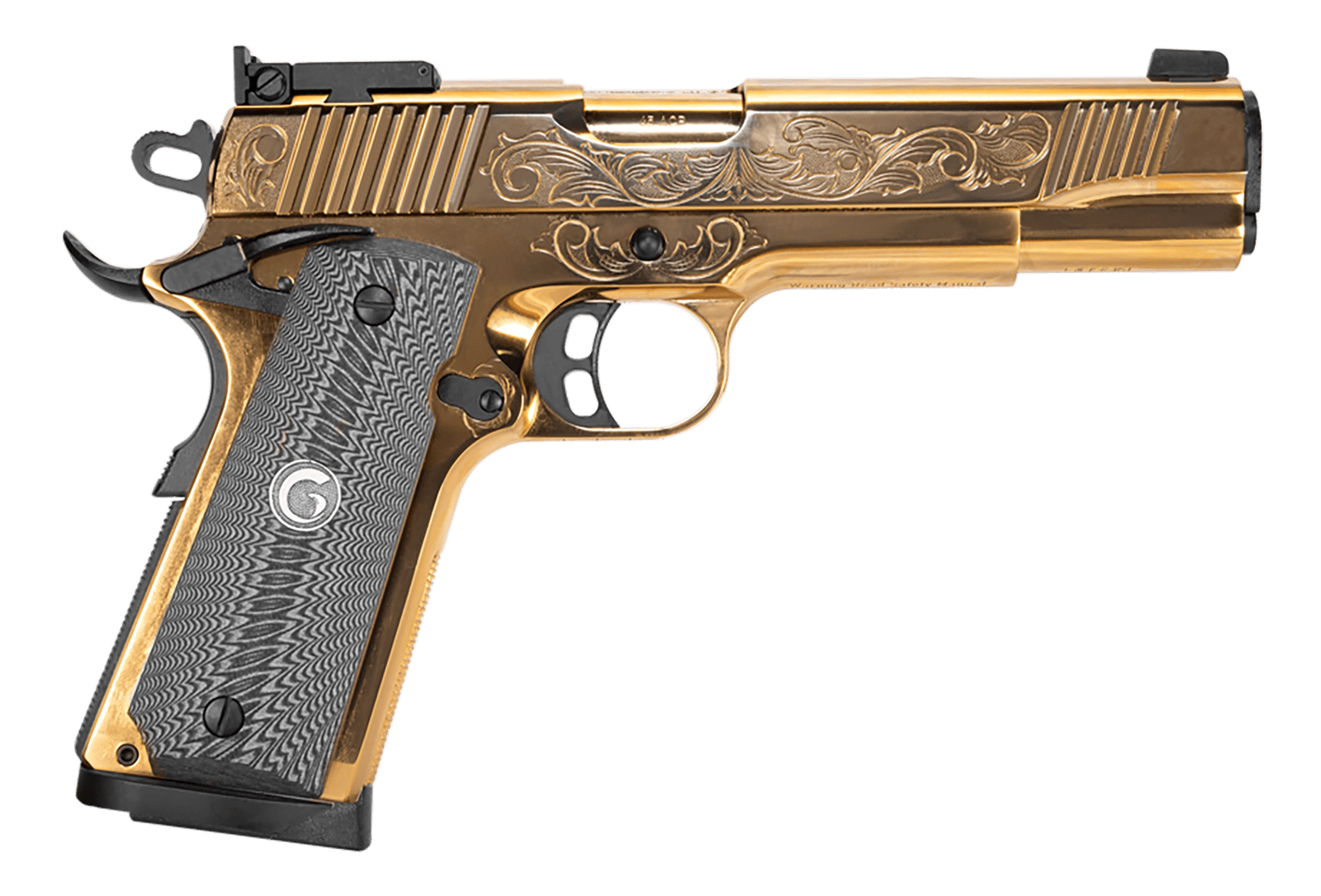 Girsan 390093 MC1911 S Lux 45 ACP 8+1 5" Gold Plated PVD Steel Barrel, Gold Finish Engraved Serrated w/Engraving Steel Slide, Gold Plated Steel Frame, Black G10 Grip