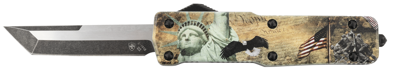 Templar Knife SZLIB221 Premium Weighted Liberty Small 3" OTF Tanto Plain Black Oxide Stonewashed D2 Steel Blade, 4.50" Gold w/Statue of Liberty/Flag/Eagle Aluminum Zinc Alloy Handle