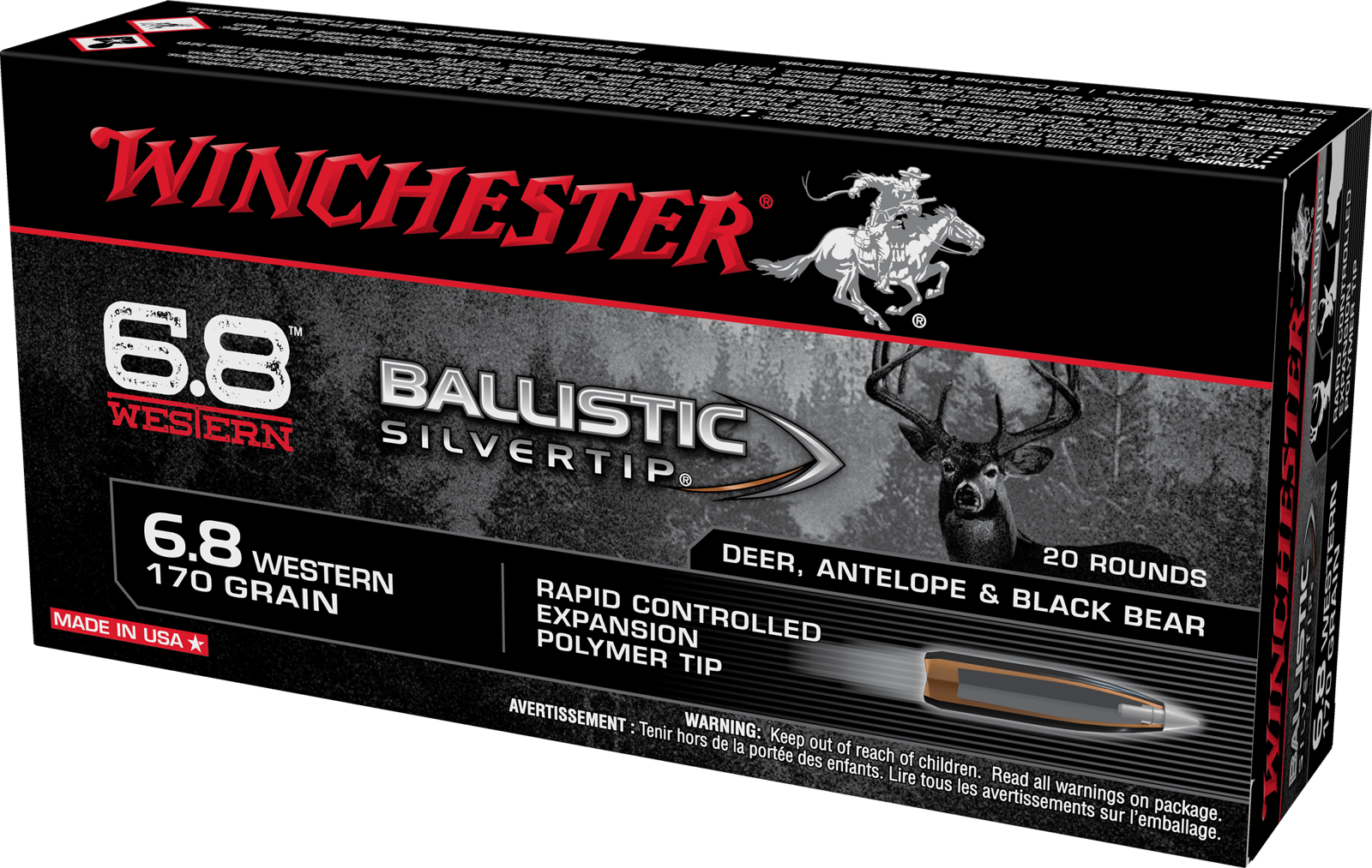 Winchester Ammo SBST68W Ballistic Silvertip  6.8Western 170gr Rapid Controlled Expansion Polymer Tip 20 Per Box/10 Case