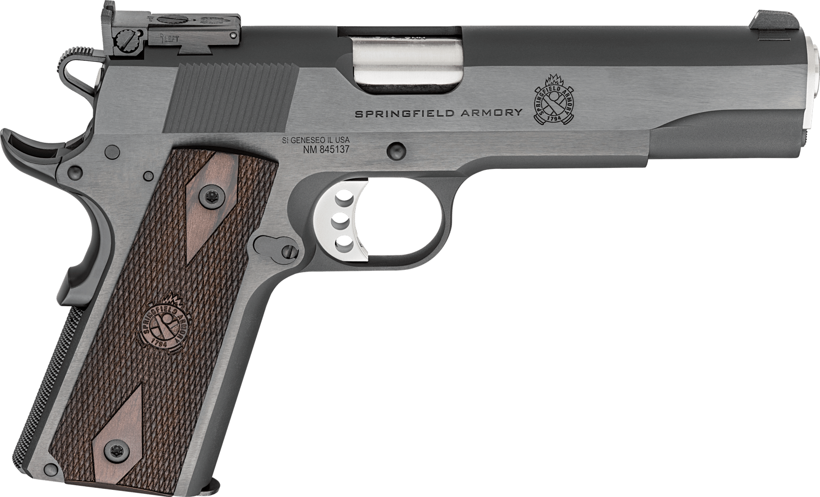 Springfield Armory PX9419ADJ 1911 Garrison Full Size 9mm Luger 9+1 5" Stainless Match Grade Barrel, Blued Carbon Steel Serrated Slide, Blued Carbon Steel Frame w/Beavertail, Thinline Wood Grip