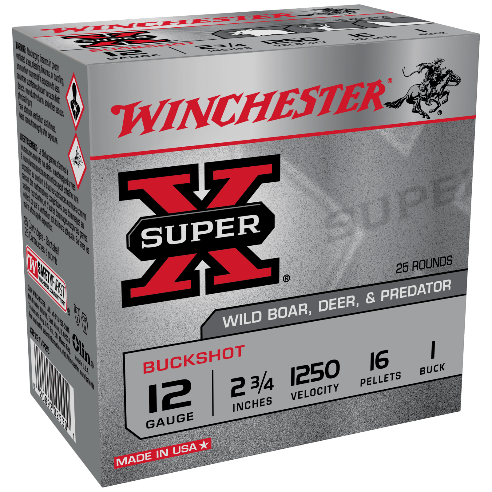 Winchester Ammo XB121VP25 Super X  12Gauge 2.75" 16Pellets 1Buck Shot 25 Per Box/10 Case *Value Pack