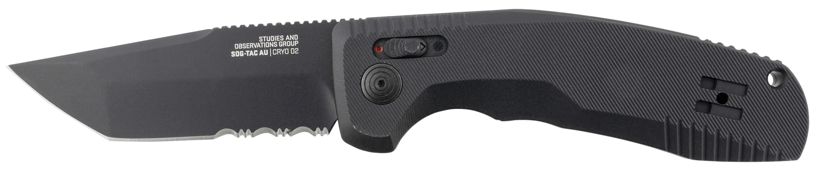 S.O.G SOG15380457 SOG-TAC Auto 3.43" Folding Tanto Part Serrated Black TiNi Cryo D2 Steel Blade Black Micro-Textured Anodized Aluminum Handle Includes Pocket Clip
