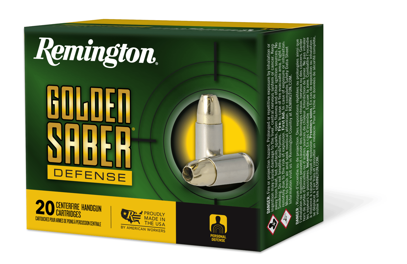 Remington Ammunition 27605 Golden Saber Defense 380ACP 102gr Brass Jacketed Hollow Point 20 Per Box/25 Case