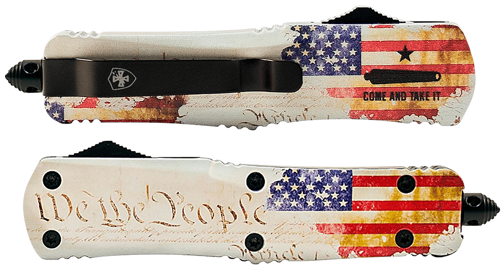 Templar Knife SWTP131 Gen II We The People Small 2.69" OTF Dagger Plain Black Oxide Stonewashed 440C SS Blade, 4.31" White w/Flag & "We The People" Aluminum Handle, Glass Breaker