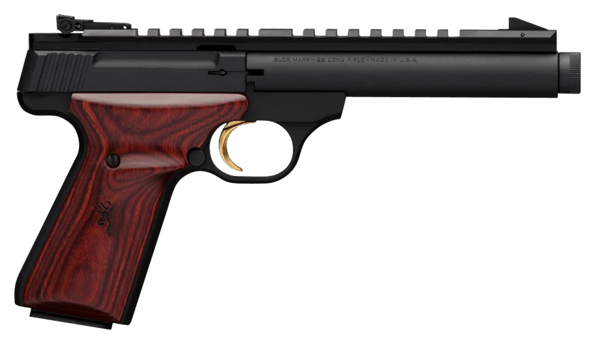 Browning 051527490 Buck Mark Field Target SR 22 LR 10+1 5.50" Black Threaded Bull Barrel, Matte Black Aluminum Frame, Picatinny Rail Receiver, Laminate Cocobolo Target Grip, Right Hand