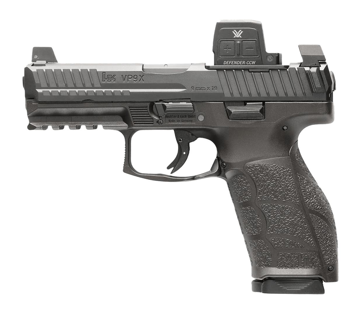 HK 81001355 VP9A1 X w/Optic Full Size Frame 9mm Luger 20+1 4.09" Black Barrel, Black Steel Serrated w/Optic Slide, Black Polymer Frame w/Picatinny Rail, Textured Grip, Vortex CCW