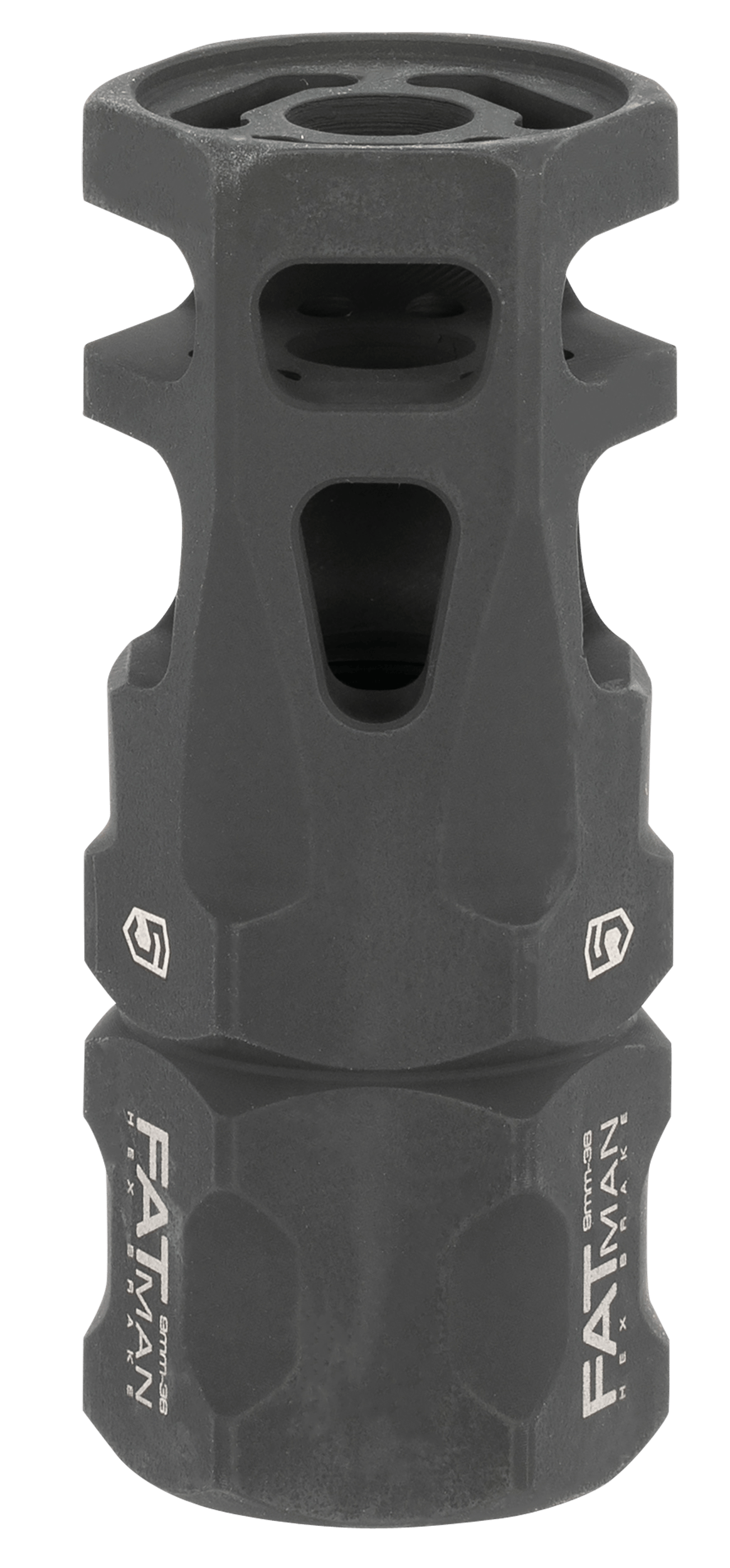 Phase 5 Weapon Systems FATMAN9MM FATman Hex Brake Black Parkerized Steel with 1/2"-36 tpi Threads & 3" OAL for 9mm, 7.62x39mm, 6.8mm AR-Platform