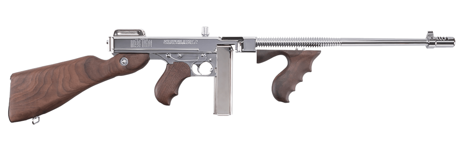 Thompson TI50DCR 1927A-1 Deluxe Carbine 45 ACP Caliber with 18" Barrel, 20+1 Capacity (Stick), 50+1 Capacity (Drum), Hard-Chrome Plated Metal Finish, American Walnut Stock Wood Grip Right Hand