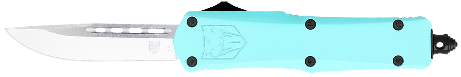 CobraTec Knives STBFS3DNS FS-3  Small 2.75" OTF Drop Point Plain D2 Steel Blade, 4.25" Mint Blue Aluminum Alloy Handle