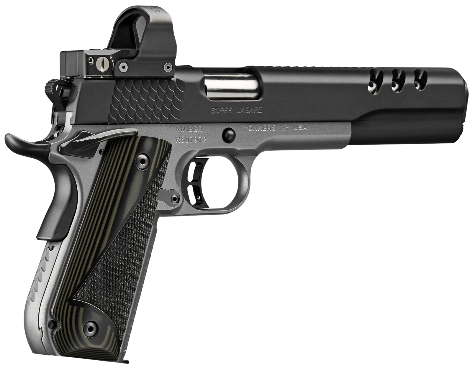 Kimber Mfg, Inc 3000278 Super Jagare w/Optic 10mm Auto 8+1 6" Stainless Match Grade Barrel, Diamond Carbon Coating Ported/Serrated Stainless Steel Slide, Kimpro II Gray Micarta Grip, Delta Pro Red Dot